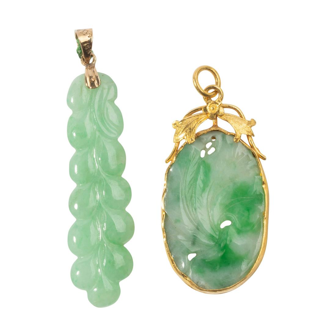Collection of Two Jadeite Jade, Yellow Gold Pendants. (1 of 3)