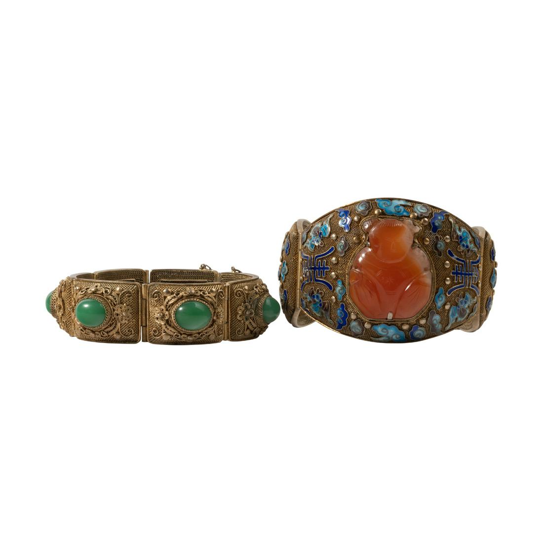 Two Chinese Multi-Stone, Enamel, Silver-Gilt Bracelets. (1 of 5)
