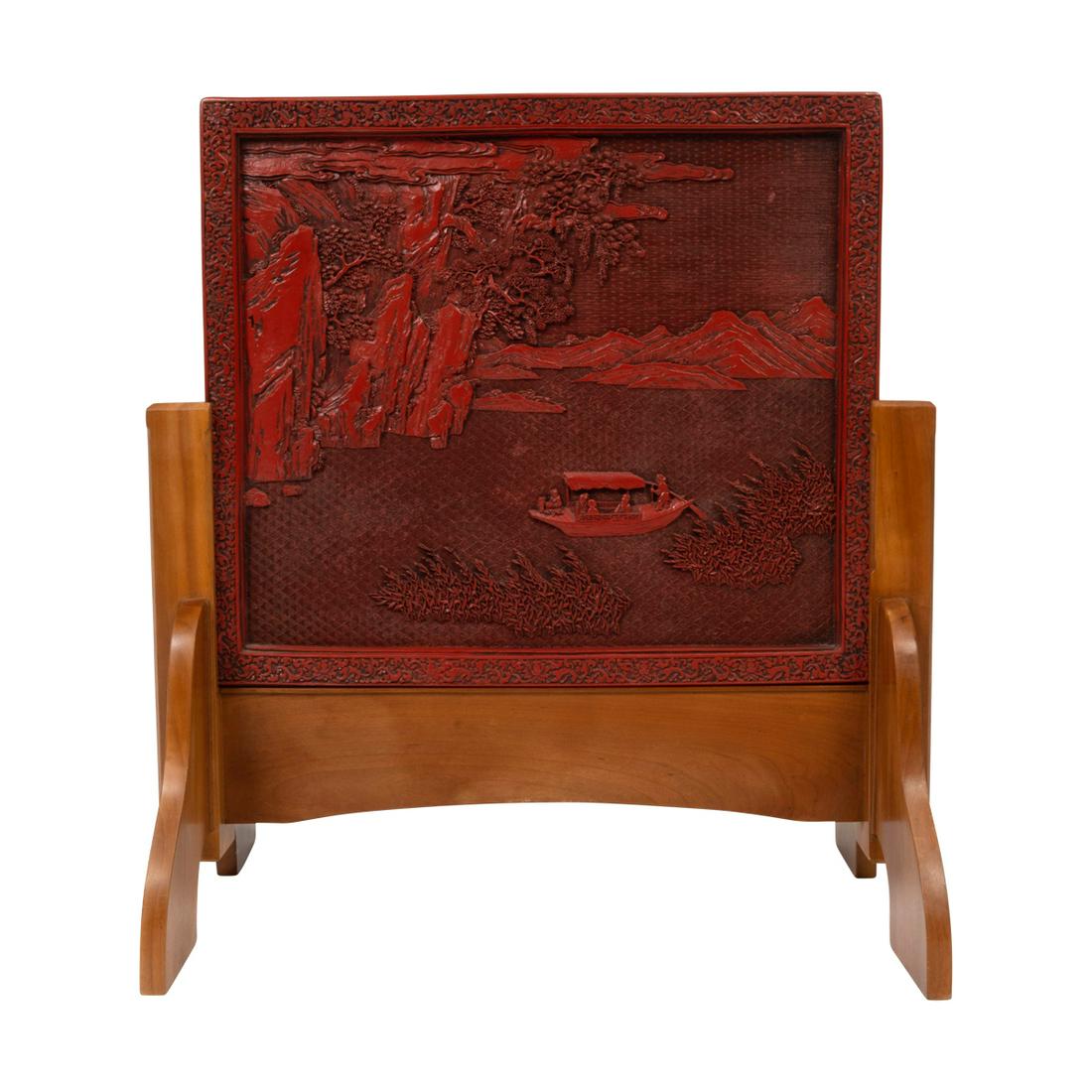 A Large Chinese Carved 'Dragon' Cinnabar Plaque (1 of 3)