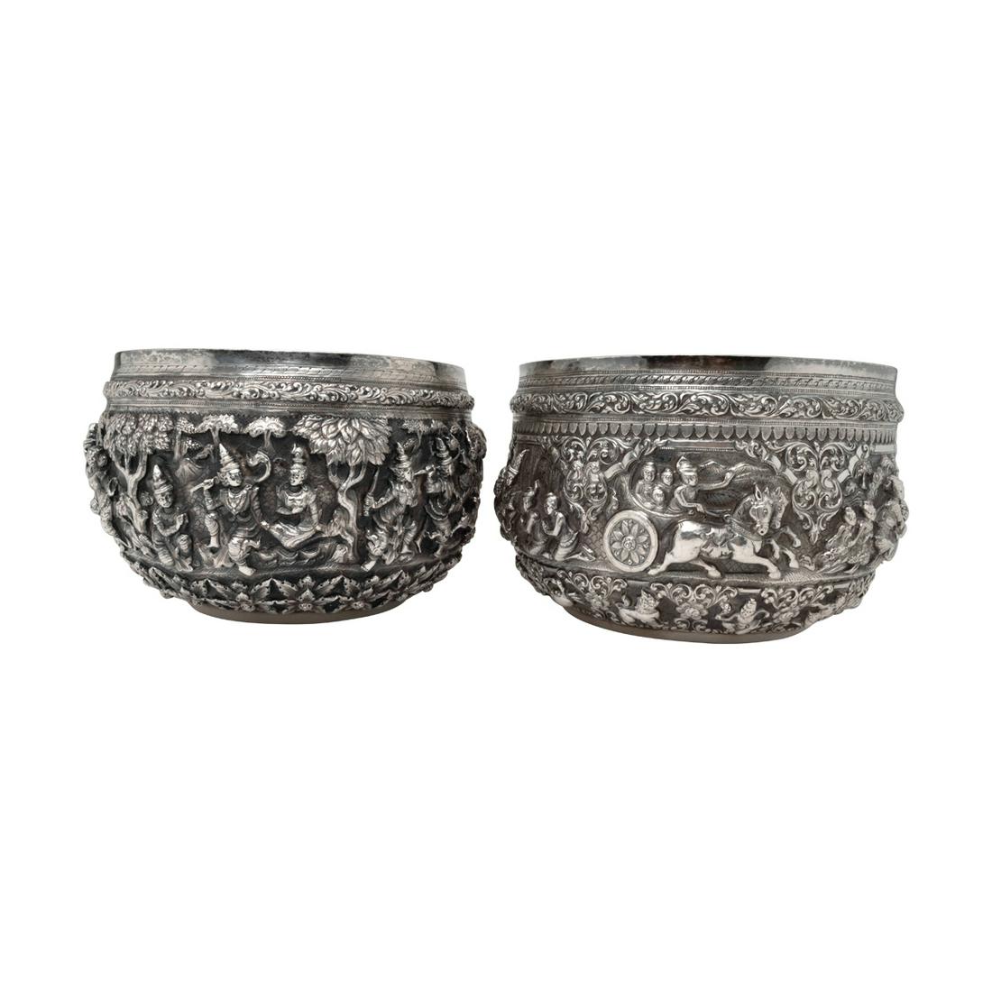 Two Burmese Silver Alloy Repoussed Offering Bowls (1 of 3)