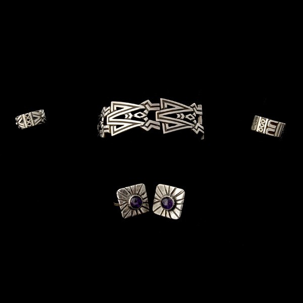 MEXICAN AMETHYST, STERLING SILVER, SILVER ITEMS: COLLECTION OF MEXICAN AMETHYST, STERLING SILVER ITEMS. Including one Pedro Castillo, sterling silver open work articulated link bracelets, one pair of amethyst cabochon, silver non-pierced screw back