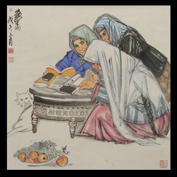 A Chinese Watercolor Painting: A Chinese Watercolor Painting, ink and color on paper, framed and glazed, the upper left dated and bearing a signature 'Huang Zhou', three seals {Image 26 1/4 x 26 1/4 inches}