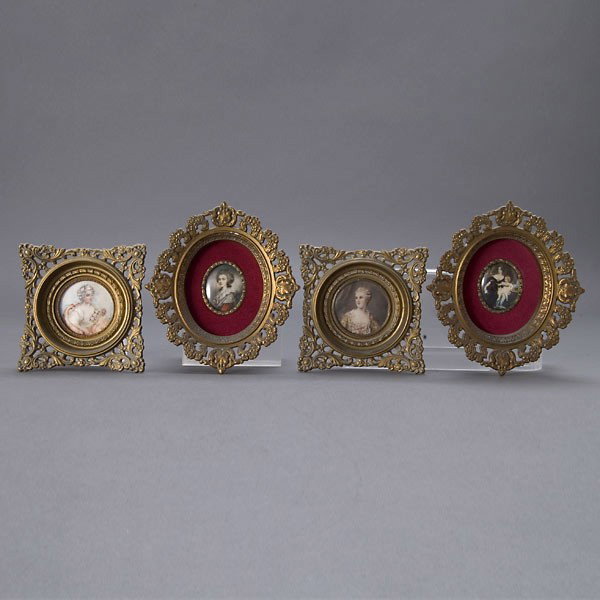 Four Portrait Miniatures in Gilt Frames: Four Portrait Miniatures in Gilt Frames; one labeled "Countess Hohnstein by Carl Ferdinand Stelzner" Height of tallest frame 6 1/2 inches}