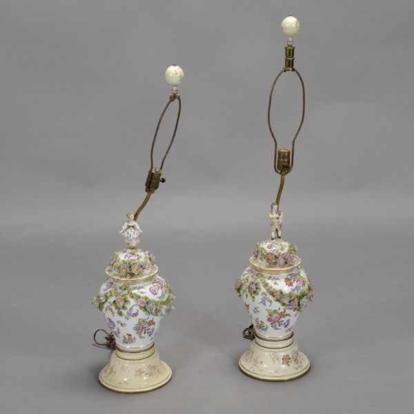 Pr Dresden Style Floral Porcelain Ginger Jars: Pair of Dresden Style Floral Encrusted Porcelain Ginger Jars, Each Surmounted by Child, now mounted as lamps {Height without fixture 19 inches} [Repair]