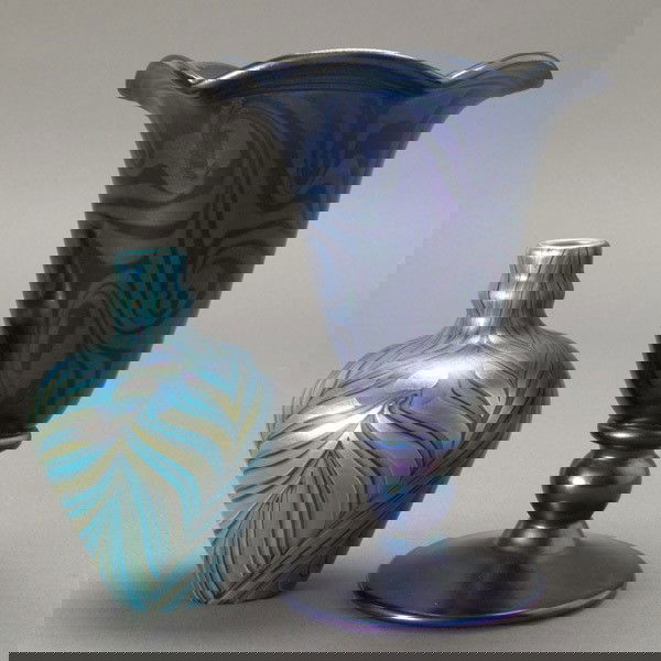 Two Modern Art Glass Vases in the Tiffany Style: Two Modern Art Glass Vases in the Tiffany Style: one by Lundberg, signed "Lundberg Studios 1975" (height 5 inches); the other by Orient & Flume, signed and numbered on base (height 7 inches)