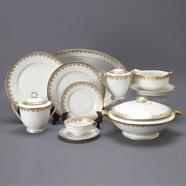 Limoges France Porcelain Partial Dinner Service 73: Limoges France Porcelain Partial Dinner Service, "Porcelaines d'Art Rene Caire": eight dinner plates (diameter 9 5/8 inches); ten soup bowls (diameter 9 1/4 inches); ten lunch plates; nine bread plate
