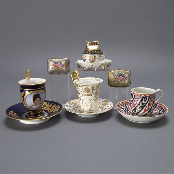 Assembled Porcelain Group: French or Bavarian: Assembled European Porcelain Group: a Mme Imple de Sevres demitasse cup and saucer painted with Madame Recamier; a Worcester Princess Charlotte demitasse cup and saucer; an Austrian raised gilt porcel