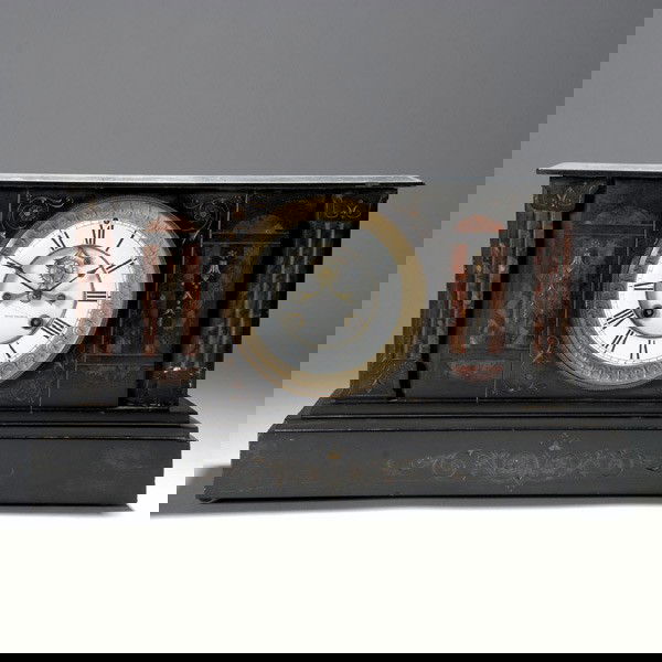 Seth Thomas Mantle Clock Circa 1900: Seth Thomas Mantle Clock Circa 1900, two piece porcelain dial with Roman numerals, with key and pendulum {Dimensions 9 1/4 x 16 3/4 x 6 1/2 inches} [Dial face with hairline cracks]