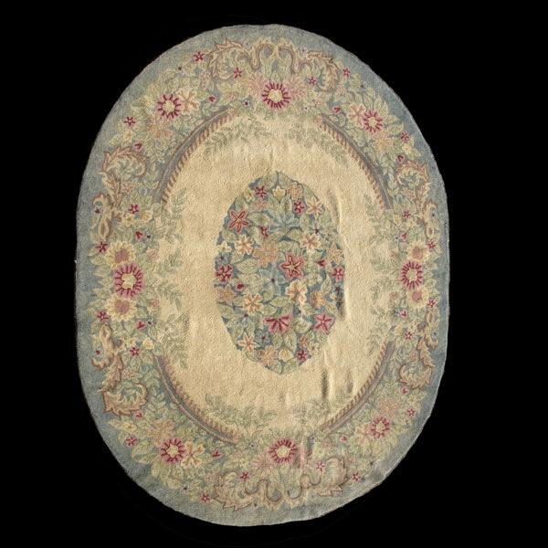 Chinese Hooked Oval Rug:9 feet 9 inches x 7 feet 6: Chinese Hooked Oval Rug in French Aubusson Design {Size approximately 9 feet 9 inches x 7 feet 6 inches}