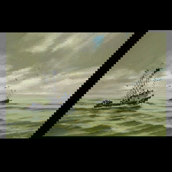 DARWIN DUNCAN. "Fishing Boats at Sea" Oil: DARWIN DUNCAN. (American, 1905 - 2002) "Fishing Boats at Sea" Oil on canvas. 24 x 36 inches. Signed lower right. Good condition. Framed.