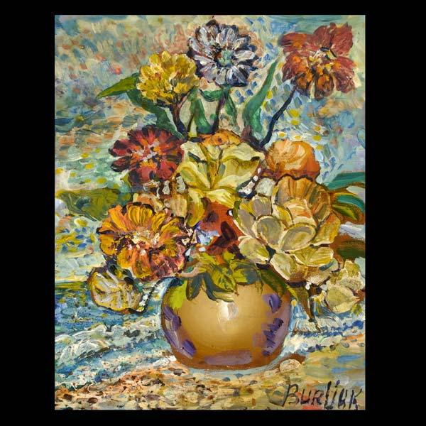 DAVID BURLIUK OIL BOUQUET 1950s: Style of DAVID BURLIUK (Ukrainian/American, 1882-1967). "Bouquet of Flowers". Oil on canvas board, circa 1950. 10 x 8 1/8 inches. Bears signature lower right. Provenance: Lola Gallery, Brooklyn, NY. I