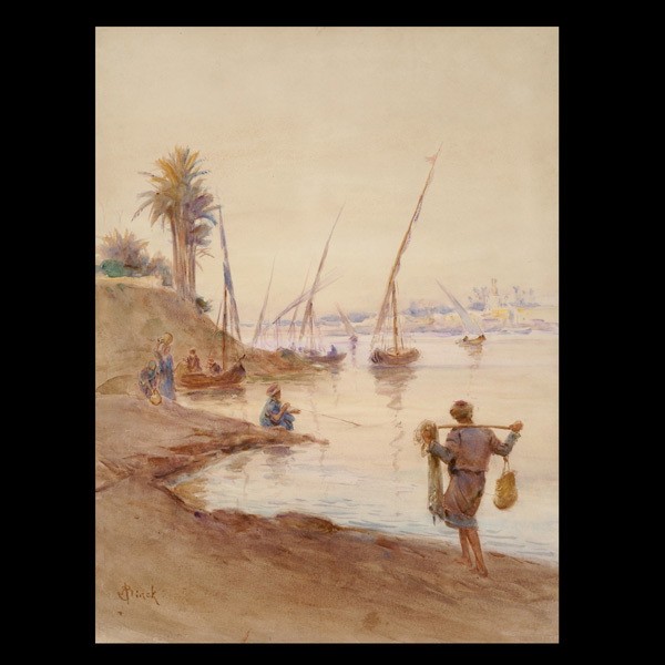 ALPHONSE BIRCK. Watercolor of fishing: ALPHONSE BIRCK (French, 1859 - 1942) "Les pêcheurs de la côte" Watercolor on paper, circa 1910. 20 1/2 x 16 inches. Signed lower left. Good condition: Paper shows age fading. Framed and glazed.
