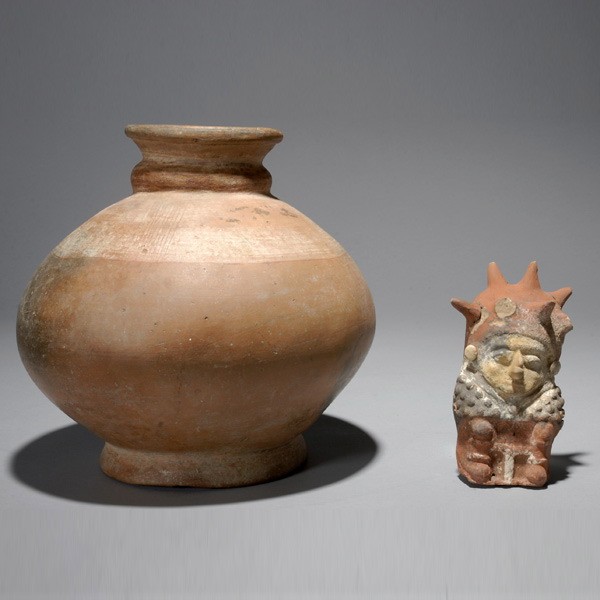 Two South American Pre-Columbian items: Two ECUADOR / COLOMBIA South America, Pre-Columbian items. MANABI moldmade figure and Large pottery vessel. Figure H = 7 inches. Vessel: 11 1/2 x 11 inches.