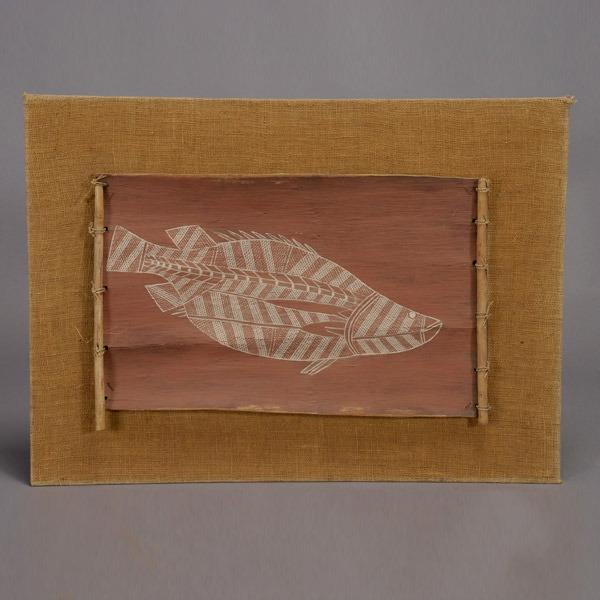 Aboriginal (Australia) Bark painting by GUNDERAMA: Aboriginal (Australia) Bark painting by GUNDERAMA of GUNWINGGO tribe. "Totemic fish." From Oenpelli aboriginal mission, ARNHEM land, Australia. 33 x 23 3/4 inches.