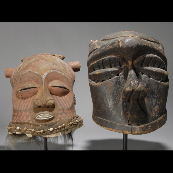 Two KUBA helmets. ex Emerson Woelffer: Two KUBA helmet masks. H = 15 inches. Provenance: the estate of Emerson Woelffer, Los Angeles.