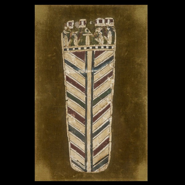 Ancient Egyptian cartouche: EGYPT (Ptolemaic Period, 323 - 30 B.C.). Spatular cartouche with divided chevron designs on the body, with frieze at top with four Egyptian deities flanking an ankh. Pigments on gessoed linen. Mounted
