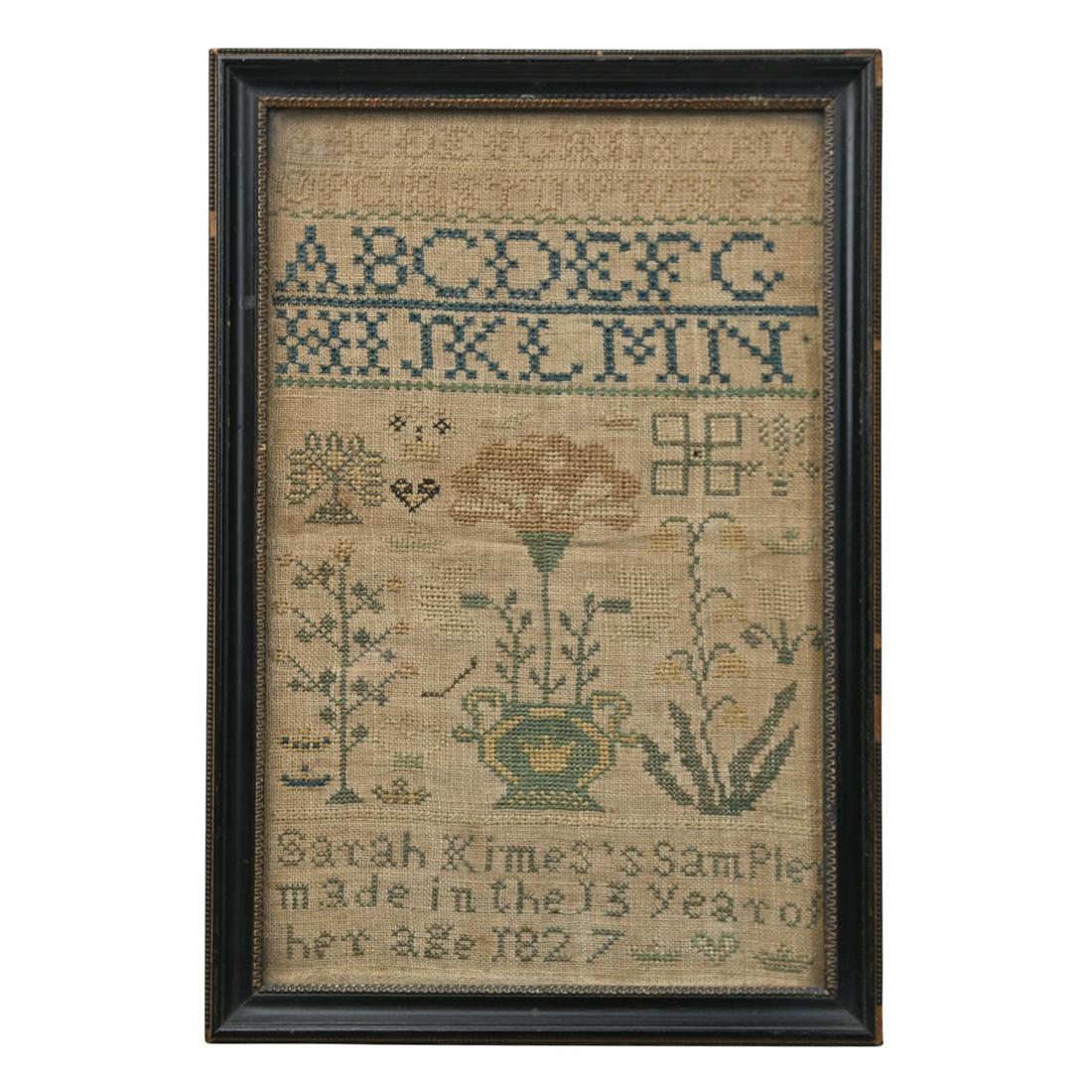 Pennsylvania Needlework Sampler by Sarah Kimes 1827. (1 of 3)