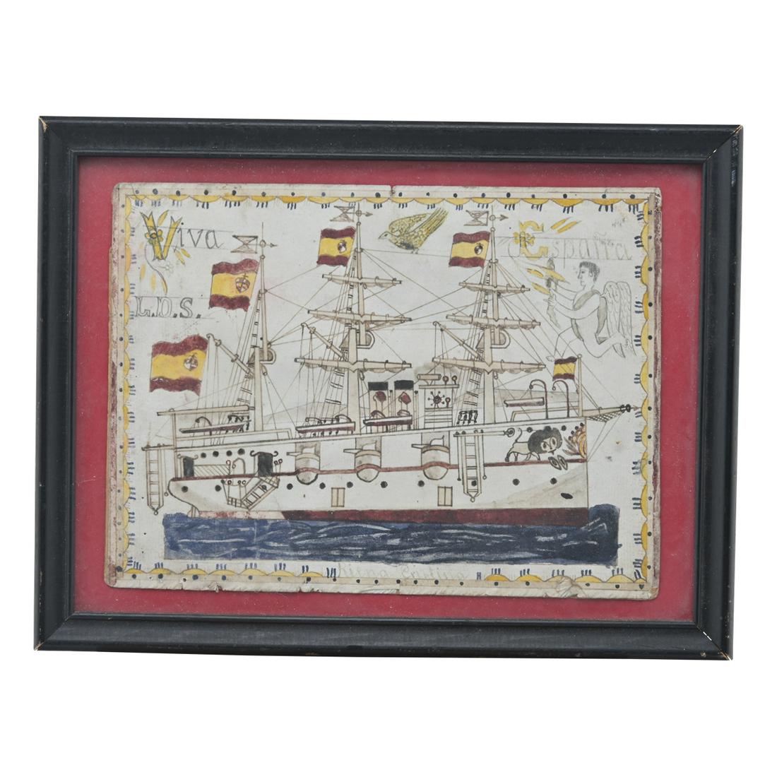 Folk Art Drawing of Ship Reina Christina, Circa 1900. (1 of 4)
