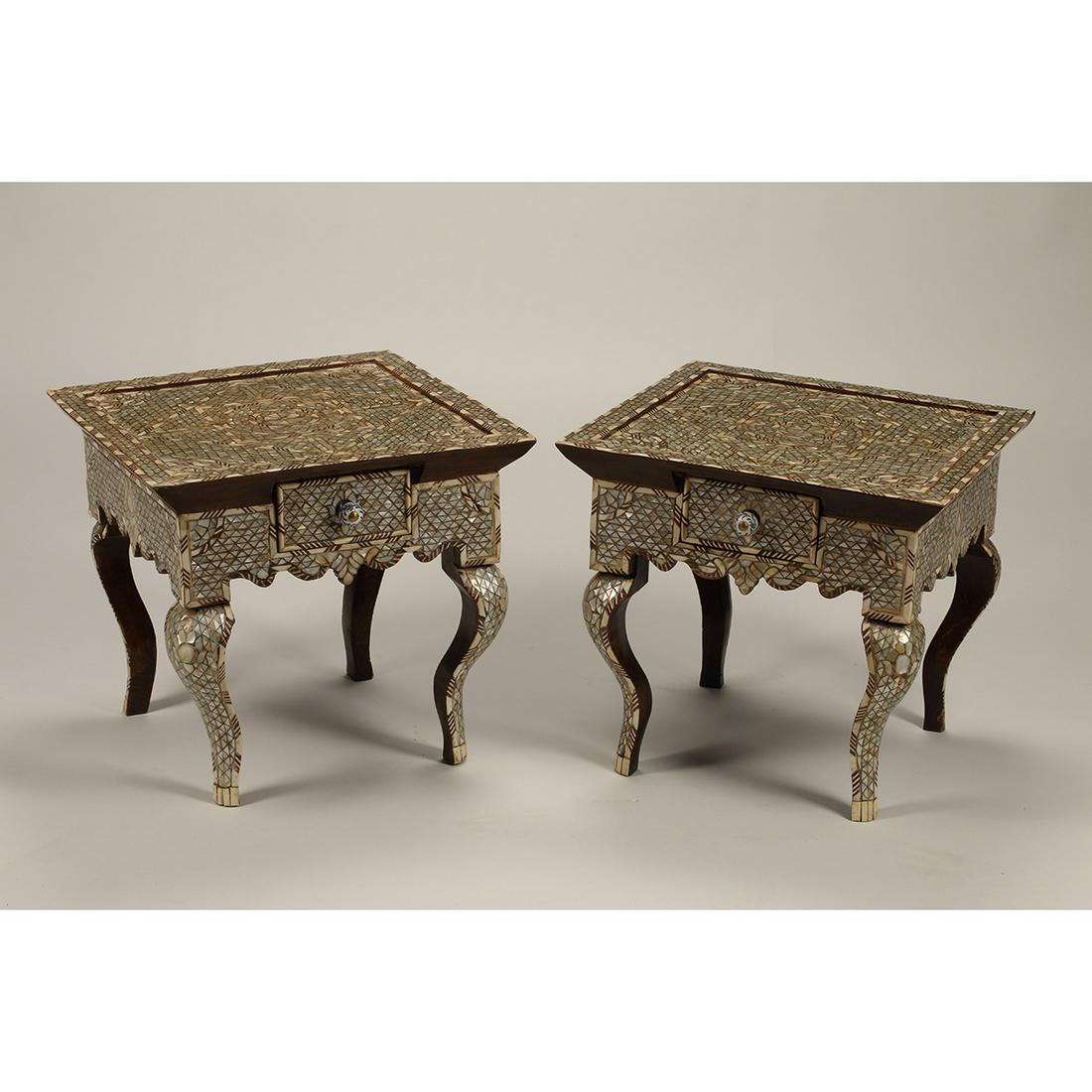 Pair of 19th Century Syrian Square Tables.: Pair of 19th Century Syrian Inlaid Square Tables. Single drawers; inlaid with mother of pearl, bone, and wood. {Approximate dimensions: 18 high x 19 3/4 wide x 19 1/4 inches deep.}. Condition: Some lo