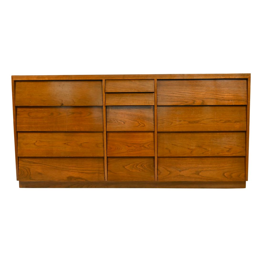 Mid Century Modern John Kapel Double Wide Dresser.: Mid Century Modern John Kapel Double Wide Dresser for Glenn of California. John Kapel (B. 1922).Oak, for Glenn of California, 13 drawers. {Approximate dimensions: 35 high x 70 1/2 wide x 18 inches dee