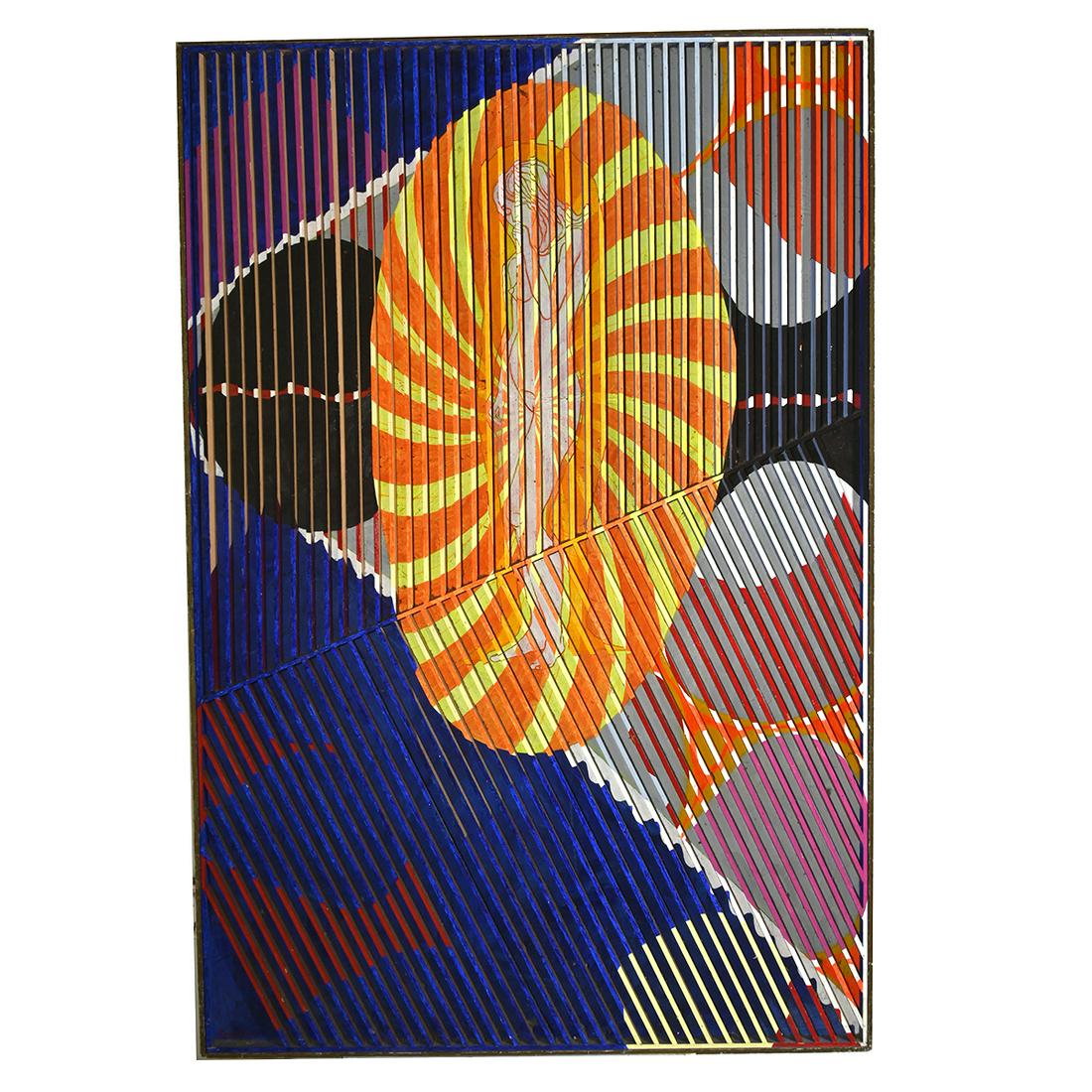 Louis Nadalini, 3-D Op. Art, Nude Woman Illusion: LOUIS ERNEST NADALINI (American, 1927 - 1995), Optical Illusion Nude Woman, oil and wood on board, overall: 55 x 37 inches, signed lower left.
