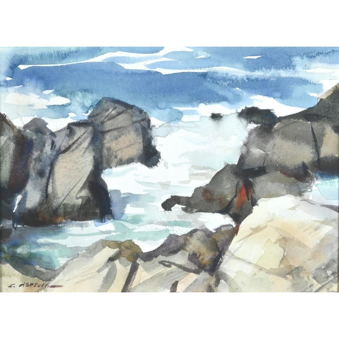 Clyde Aspevig, Pebble Beach, watercolor: CLYDE ASPEVIG (American, born 1951), ''Pebble Beach'', watercolor, 6 x 7.5 inches, framed: 13.5 x 15.25 inches, signed lower left. Notes: article and booklet on the back.