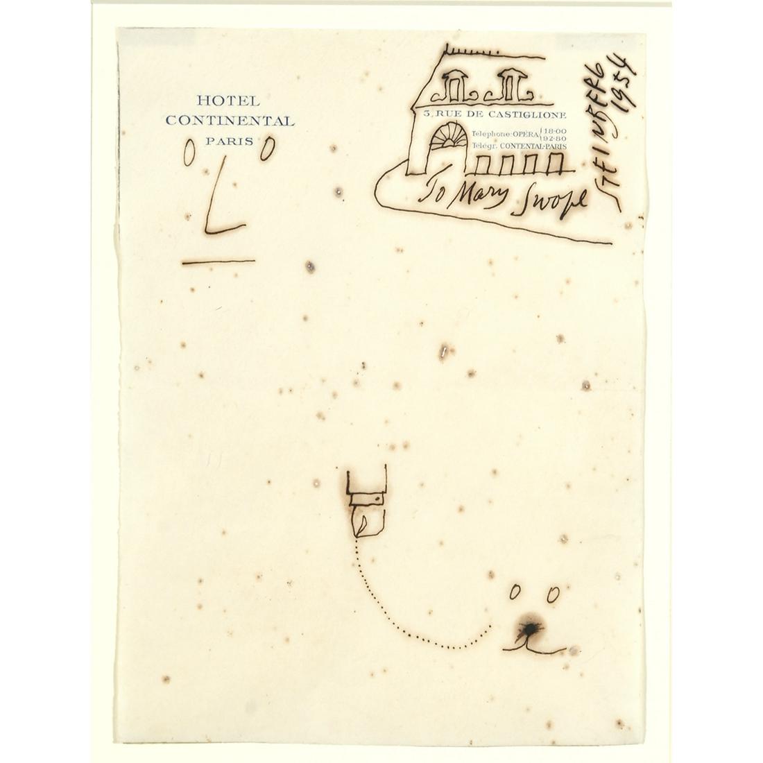 Saul Steinberg, Hotel Continental, Parks, 1954: SAUL STEINBERG_x000B_ (American, 1914-1999), Hotel Continental, Parks, 1954, Ink on wove paper, sight: 7 x 5 1/8 inches, framed: 14 3/4 x 11 3/4 inches. Signed, inscribed, and dated upper right: To Ma