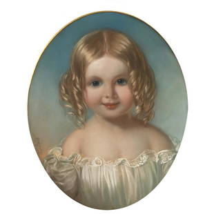 Alfred Henry Taylor, Portrait of a Young Girl: ALFRED HENRY TAYLOR (British, ?-1868), Portrait of a Young Girl with Curls, 1856, oil pastel on sheet, image size: 16.25 x 13 inches, framed: 12.5 x 18 inches, signed and dated center left