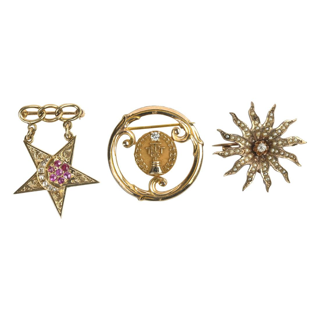 Three Diamond, Multi-Stone, Gold, Gold-Filled Brooches. (1 of 3)