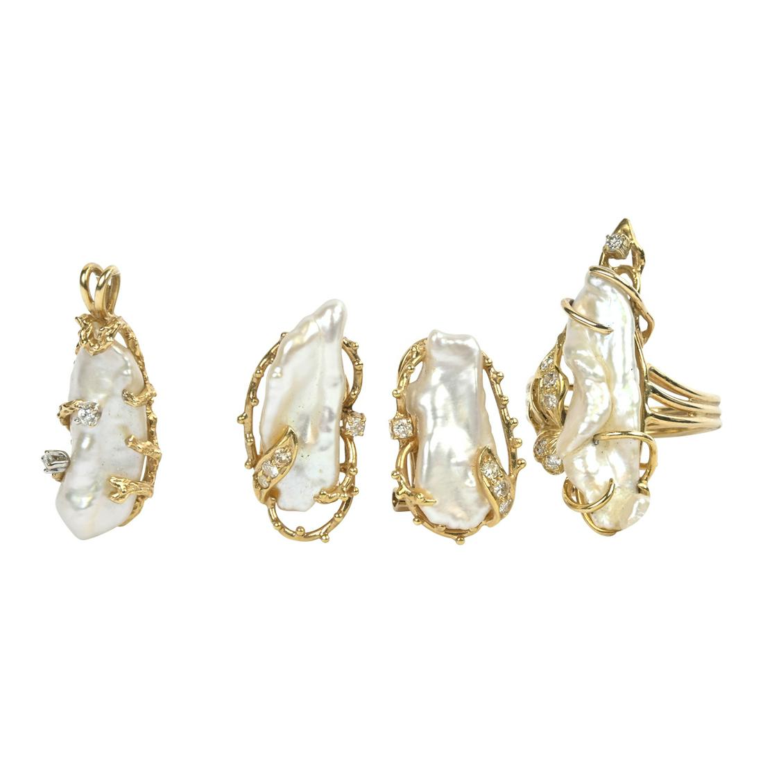 Biwa Cultured Pearl, Diamond, 18k Gold Suite (1 of 3)