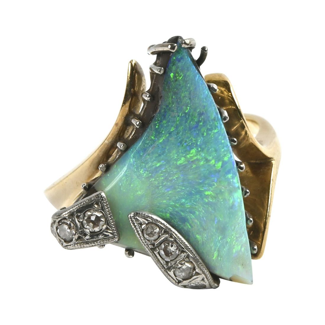 Boulder Opal, Diamond, Gold Ring. (1 of 3)