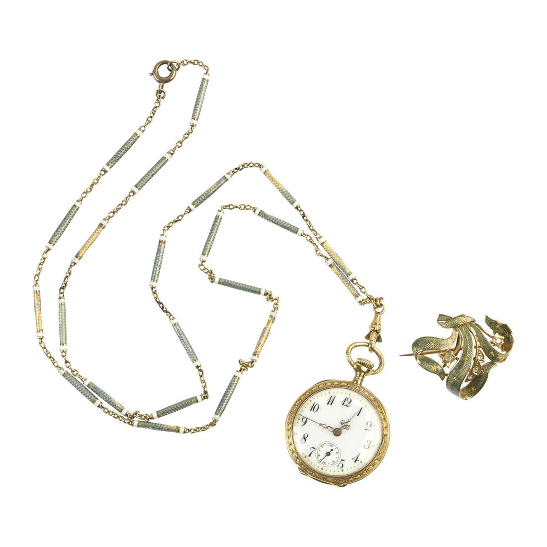 Enamel, 18k Gold Pendant Watch with Chain and Lapel Pin (1 of 3)