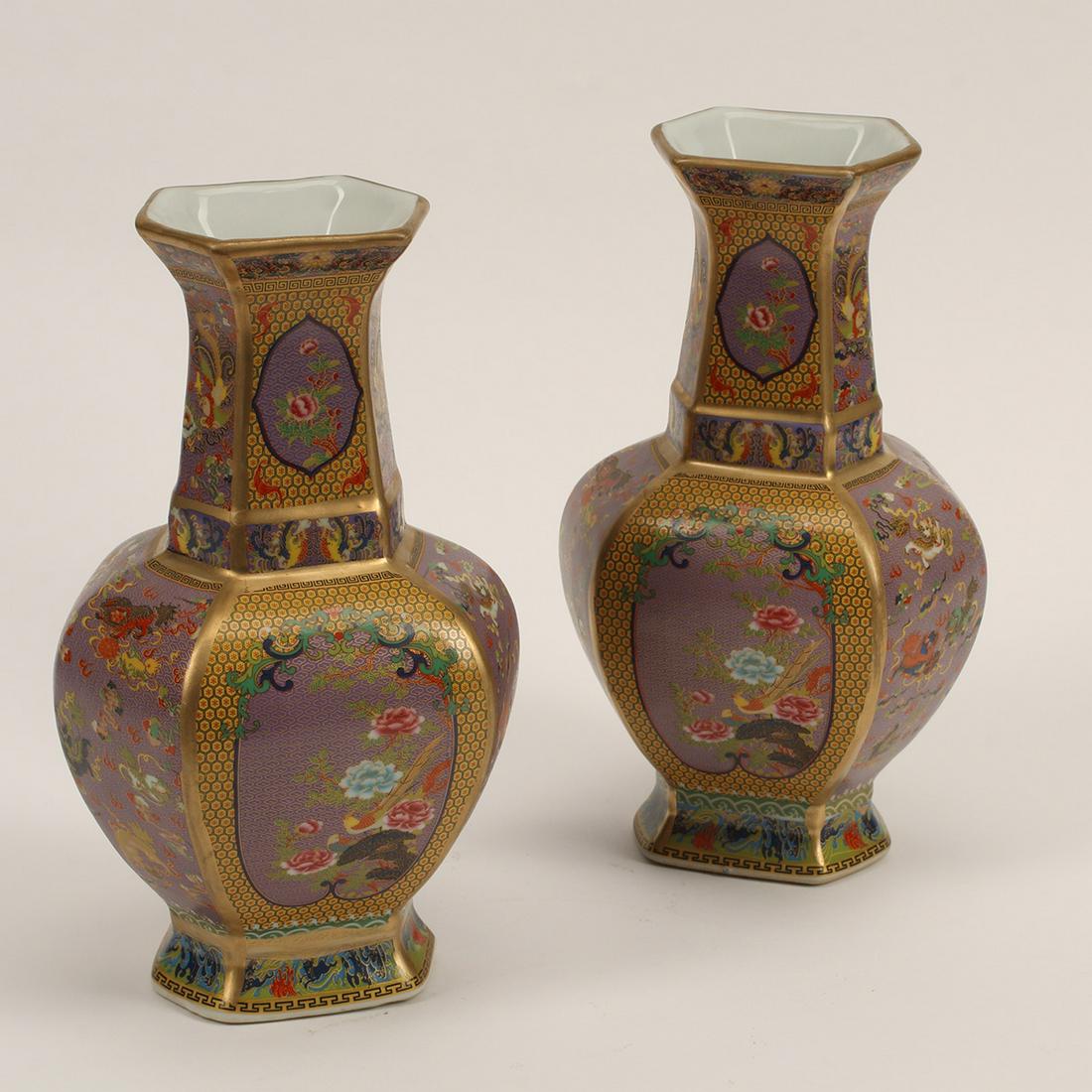 Pair of Chinese Polychrome Porcelain Hexagonal Vases (1 of 4)