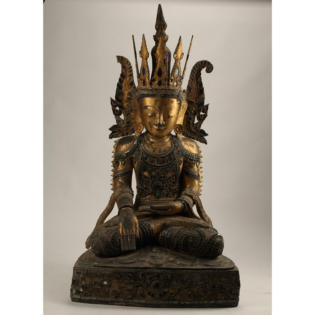 Large Thai Inlaid Wood Carved Seated Deity. (1 of 4)