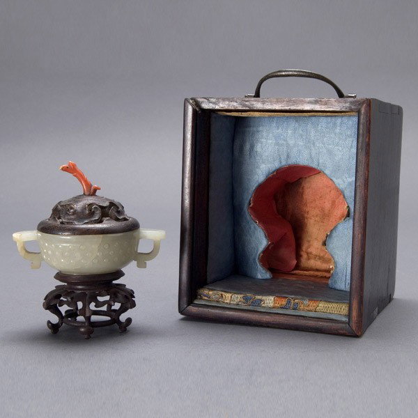A Small White Jade Handled Vessel w/ Box, Ming Dy: A Small White Jade Handled Libation Vessel with Matching Box, Of compressed globular form displaying a band of raised beaded pattern to the body flanked by rounded handles with a flat top, the reticul