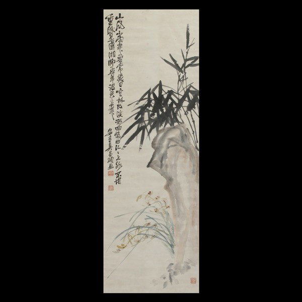 Wu Changshi (1844-1927): Bamboo, Orchid and Rocks: Wu Changshi (Wu Changshuo, 1844-1927): Bamboo, Orchid and Rocks, Ink and color on paper, framed and glazed, inscribed and signed 'Anji Wu Changshuo', two seals to the left reading 'Cangshuo' and 'Junq