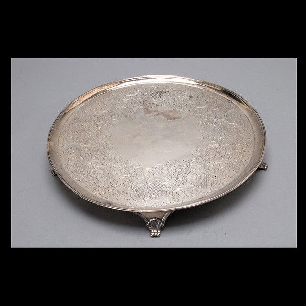 English Sterling Salver, Hester Bateman: English Sterling Salver, Hester Bateman {Total silver weight 30.99 troy oz} Diameter 13 1/2 inches. Dents to rim.
