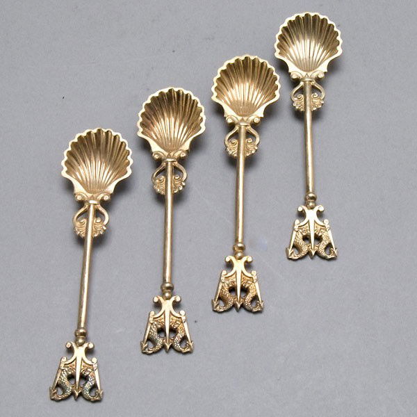 Four George IV Silver Salt Spoons: Four George IV Silver Salt Spoons with Trident Handles, Paul Storr, Circa 1820 {Total silver weight 2.84 troy oz; length 3 7/8 inches}