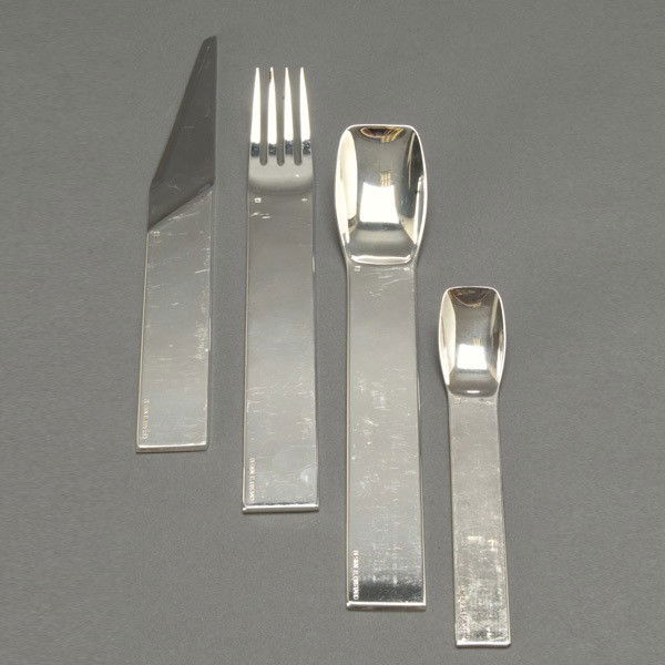 84 Silver Flatware Service Design by P. Costard: 84 Standard Silver Flatware Service Design by P. Costard: six dinner knives (length 8 3/4 inches); six dinner forks (length 8 1/8 inches); six tablespoons; and five teaspoons (23) {Total silver weight