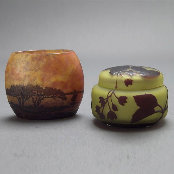 Daum Nancy Vase and Mainerbo Nancy Covered Box: Daum Nancy Cameo Glass Vase and Mainerbo Nancy Covered Box with an intaglio signature "Daum Nancy" to rounded foot. {Height of vase 3 1/4 inches}