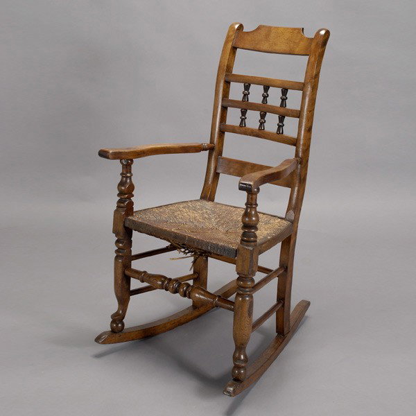 English Provincial Rocking Chair with Rush Seat: English Provincial Elm Rocking Chair with Rush Seat {Dimensions 43 x 22 3/4 x 28 1/2 inches}
