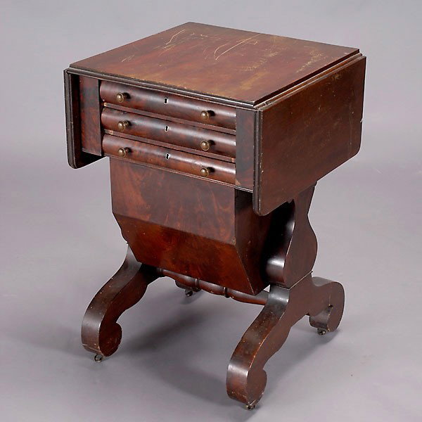 American Empire Mahogany Veneer Sewing Table: American Empire Mahogany Veneer Sewing Table, 19th Century {Dimensions 28 x 35 3/4 x 18 inches} [Scratches, wear to table top]