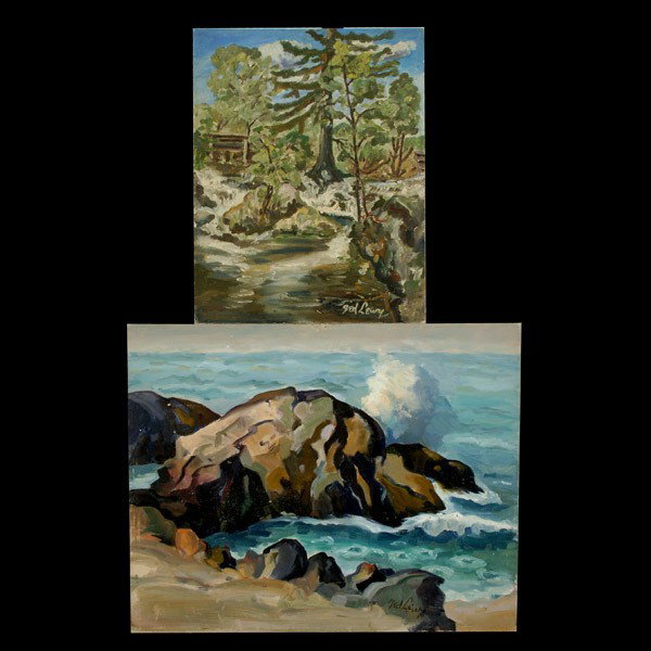 TED LEWY. Three Watercolors on paper.: TED LEWY. (American, 1912 - 1963) Three Watercolors on paper. "Baland Rocks" 1954, "Waterfall Landscap" 1963, and "View fom a window Yosemity National park" 1954. 18 x 24 inches. Good condition.