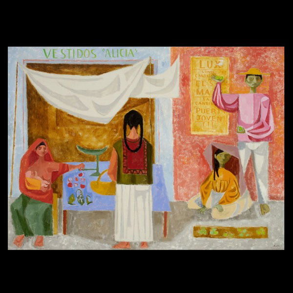 Neuman & Ulbricht collaboration of market scene: ANGELA VAN NEUMAN & JOHN ULBRICHT, a collaboration (International, 20th Century) "Mercado" Oil on canvas. 28 x 37 1/2 inches. Signed lower right. Good condition: Small dent with paintloss upper right.
