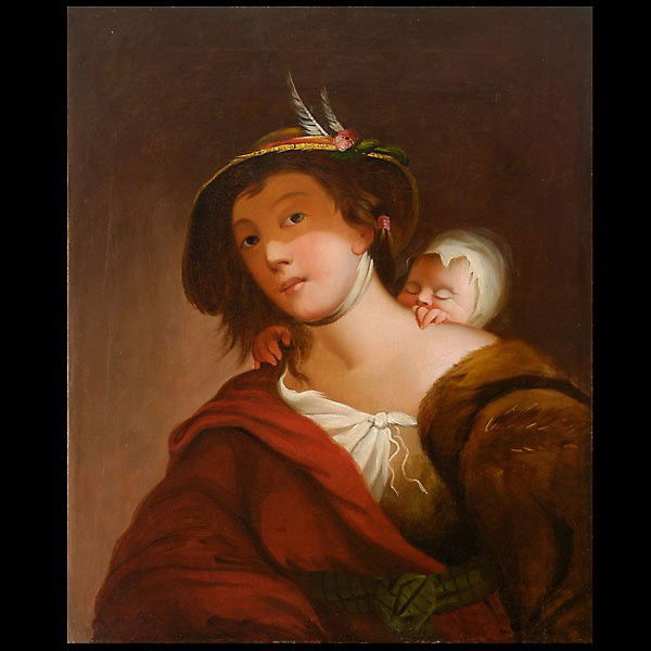 English school oil signed G. Baxter ca. 1840: Attributed to GEORGE BAXTER (British, 1804-1867). "The Nursemaid". Oil on canvas, circa 1840. Faintly signed G. Baxter lower right. 30 3/16 x 25 3/16 inches. In very good condition, relined.