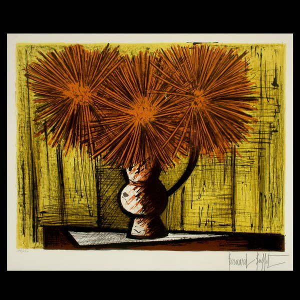 Bernard Buffet. "Dahlias sur Fond Jaune" Litho: BERNARD BUFFET (French, 1928 - 1999) Dahlias sur Fond Jaune Lithograph on paper. Circa 1962 Image: 19 3/4 x 25 1/2 inches Signed lower right. Numbered 188/220 lower left Very good condition. Framed, m