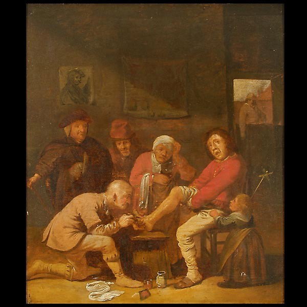 Lancing a Boil Flemish School, 1 6th C. Oil: FLEMISH SCHOOL (16th Century) Lancing a Boil Oil on board 15 1/2 x 13 1/2 inches Good condition. Framed