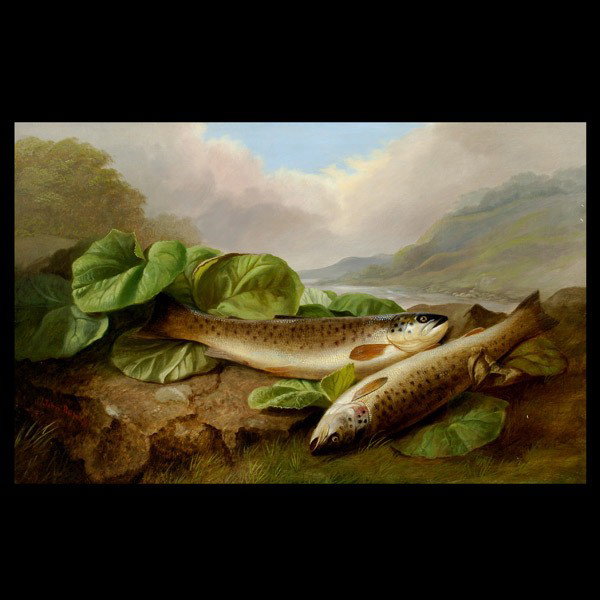 John Bucknell Russell, "Brown Trout" Oil : JOHN BUCKNELL RUSSELL (Scottish, 1820 - 1893) The Day's Catch of Brown Trout Oil on canvas, circa 1860 Sight: 15 3/4 x 23 3/4 inches Signed lower left Very good condition: Minor craquelure across surf