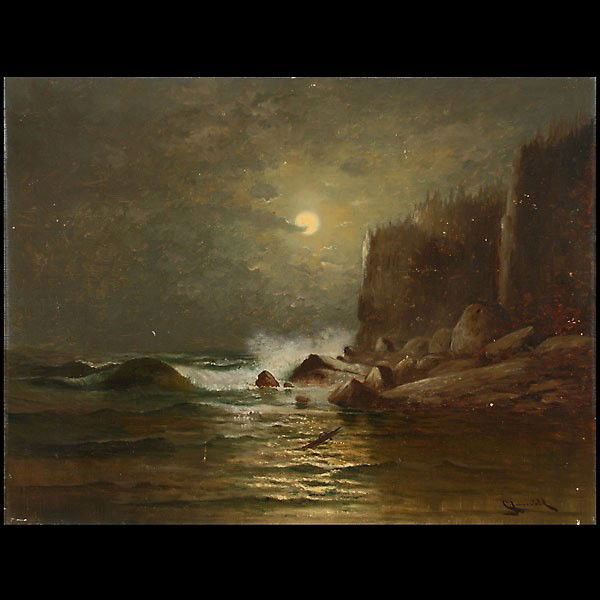 Carl Jonnevold. "Full Moon on Rocky Coastline" Oi: CARL HENRIK JONNEVOLD (American, 1856 - 1955) Full Moon on Rocky Coastline Oil on canvas, circa 1900 Sight: 13 3/4 x 17 3/4 inches Signed lower right Good condition: Small paint losses and vertical sc