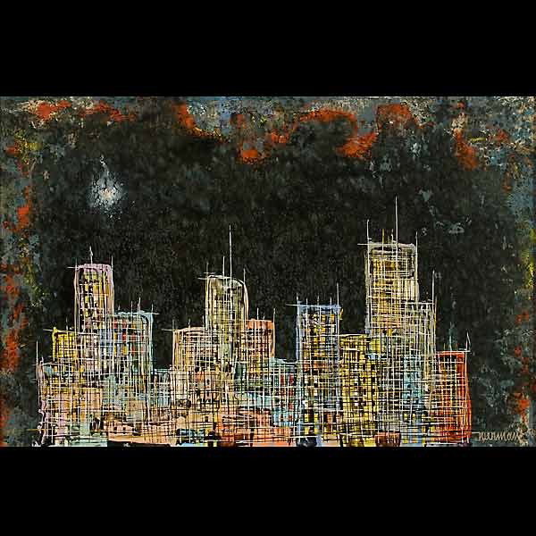 Leonardo Nierman, "Cityscape" Oil: LEONARDO NIERMAN (Mexican, b. 1932) Cityscape Oil on board, 1958 16 x 24 inches Signed and dated '58 lower right Very good condition. Framed and linen liner